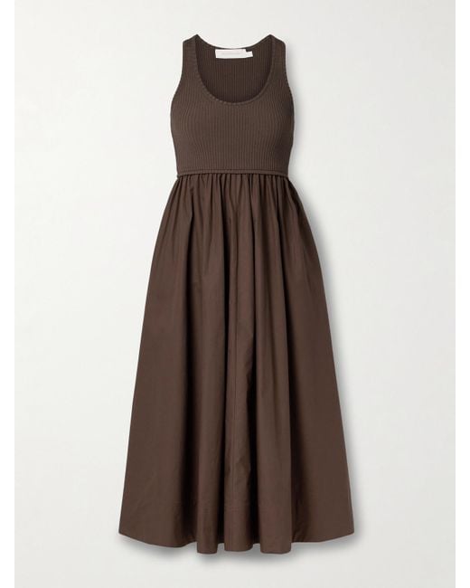 Zimmermann Brown Ribbed-Knit And Cotton-Poplin Midi Dress