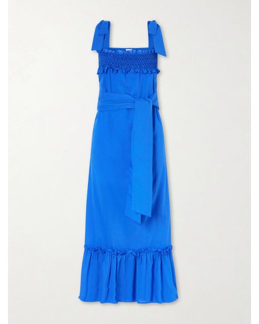 Loretta Caponi Blue Armida Belted Ruffled Smocked Cotton-Poplin Maxi Dress
