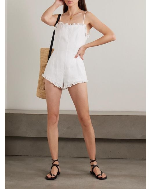 Posse White Florence Ruffled Linen Playsuit