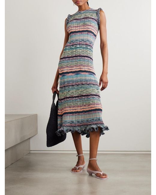 Ulla Johnson Blue Ajak Ruffled Striped Ribbed-Knit Midi Dress