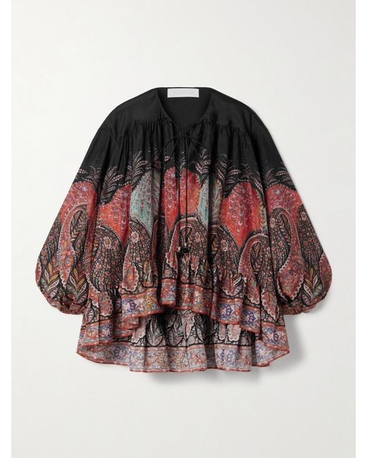 Zimmermann Red Rhiannon Ruffled Paisley-Print Organic Silk Blouse