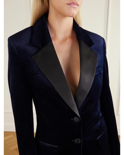 Victoria Beckham Blue Satin-Trimmed Cotton-Blend Velvet Blazer