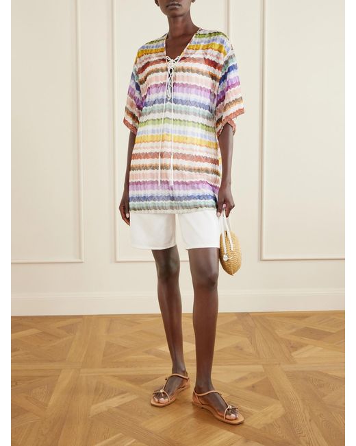 Missoni Gray Lace-Up Striped Metallic Crochet-Knit Coverup