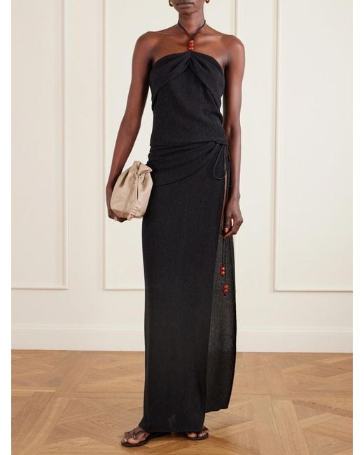 Magda Butrym Black Embellished Textured Lyocell-Blend Halterneck Top