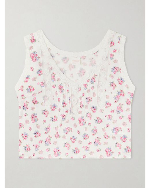 Loretta Caponi Multicolor Simona Lace-Trimmed Floral-Print Cotton Top