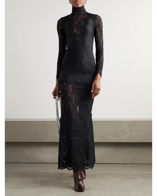 Robe Longue En Satin De Soie À Finitions En Dentelle Rabanne en coloris Black