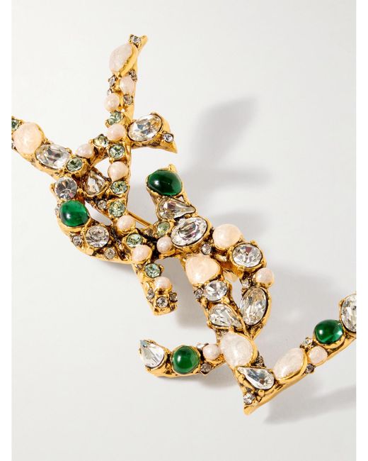Saint Laurent White Cassandre Embellished-Tone Brooch