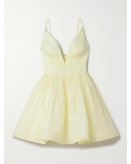 Zimmermann Yellow Illuminate Pleated Linen And Silk-Blend Mini Dress