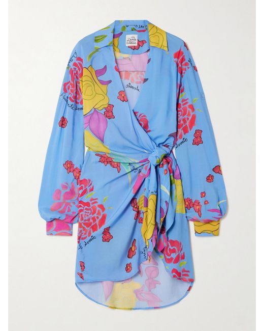 Donde Esteban Blue Cielo Floral-Print Crepe Mini Wrap Dress