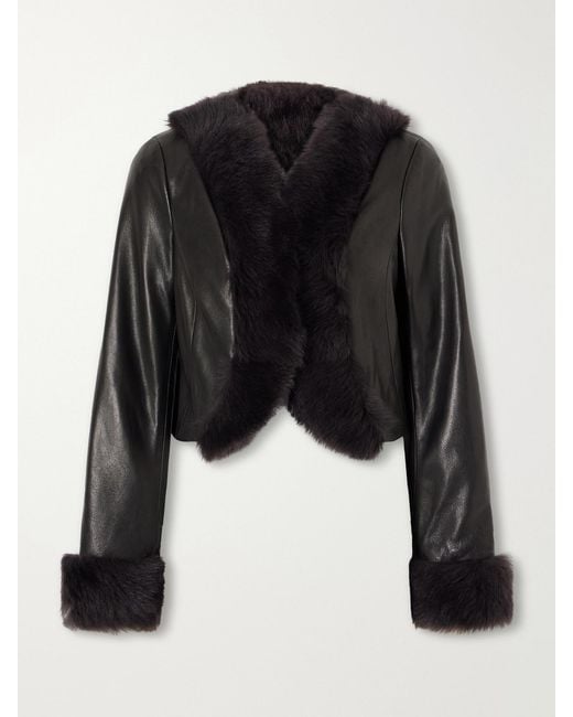 Nour Hammour Black Sofie Cropped Shearling-Trimmed Leather Jacket