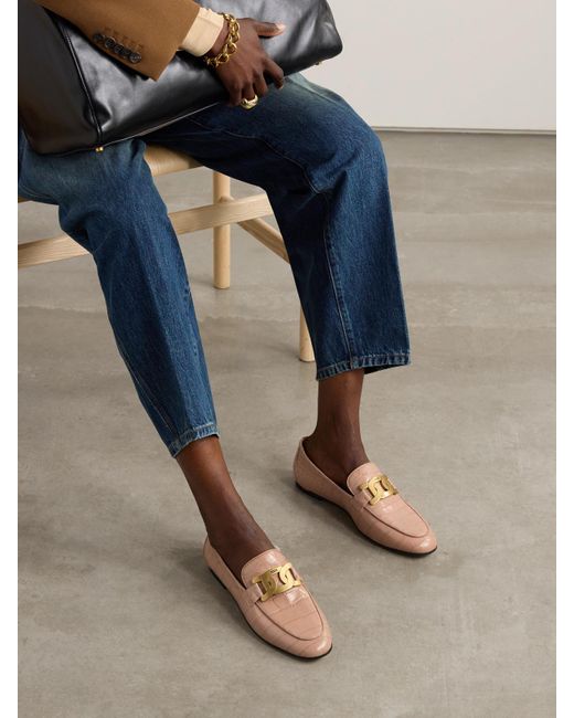 Tod's Natural Embellished Croc-Effect Leather Loafers
