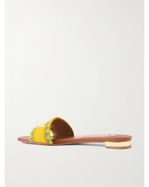 Aquazzura Brown Sicily Beaded Leather Slides