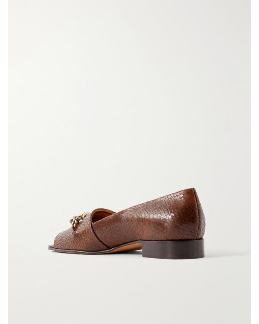 Tory Burch Brown Chain-Detail Croc-Effect Leather Loafers