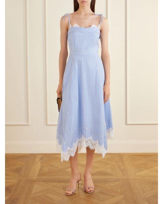 Jonathan Simkhai Blue Avaleigh Lace-Trimmed Striped Cotton-Poplin Midi Dress
