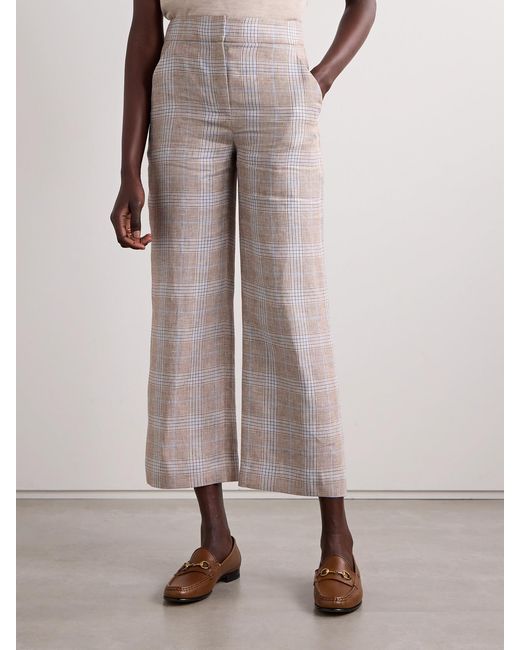 Veronica Beard White Brixton Cropped Checked Linen Wide-Leg Pants