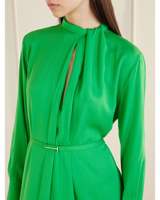 Tom Ford Green Embellished Belted Pleated Silk-Georgette Midi Dress