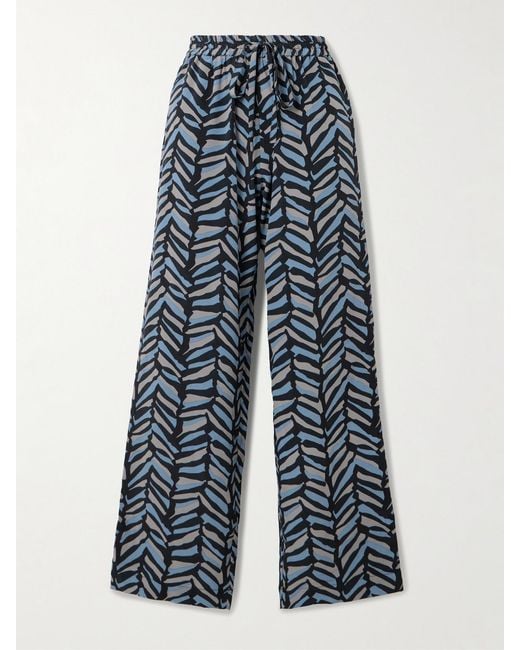 Matteau Blue Printed Silk Crepe De Chine Straight-Leg Pants