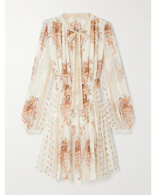 Mini-Robe En Crépon De Soie Mélangée Imprimé À Fronces, Smocks Et Liens Maris Ulla Johnson en coloris Natural