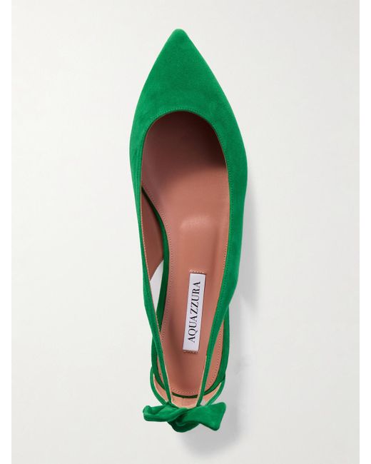 Aquazzura Green Bow Tie Suede Point-Toe Flats