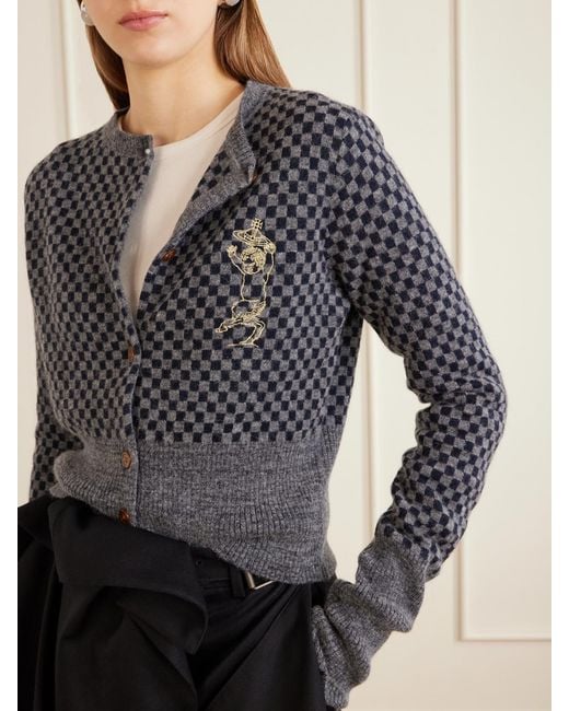 Vivienne Westwood Blue Checkmate Logo-Embroidered Alpaca, Cotton And Wool-Blend Cardigan