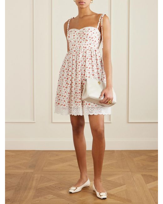 Dolce & Gabbana Natural Lace-Trimmed Floral-Print Cotton-Blend Poplin Bustier Mini Dress