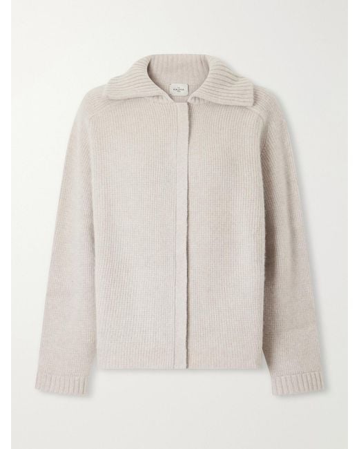 LeKasha Natural Ribbed Cashmere Zip-Up Cardigan