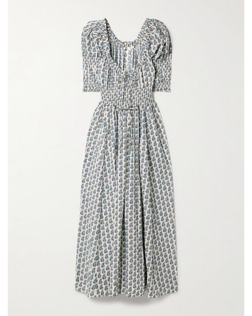 Robe Midi En Voile De Coton Biologique Mélangé À Imprimé Fleuri Et À Smocks Ischia Doen en coloris Gray