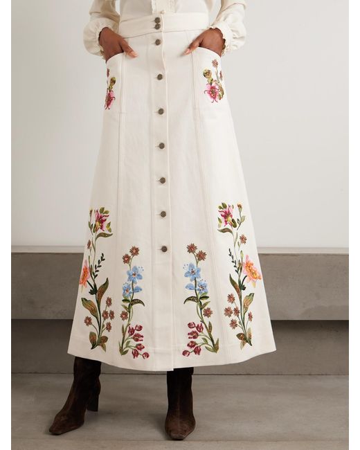 Valentino Garavani Natural Sequin-Embellished Embroidered Denim Maxi Skirt