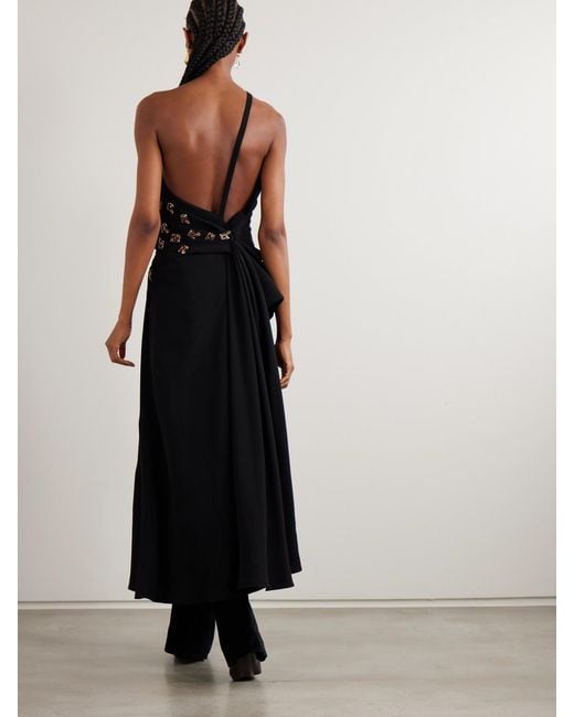 Dries Van Noten Black One-Shoulder Asymmetric Draped Embellished Crepe Top