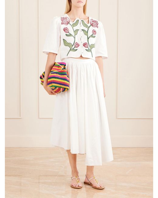 Farm Rio Natural Floral-Embroidered Cropped Linen Top