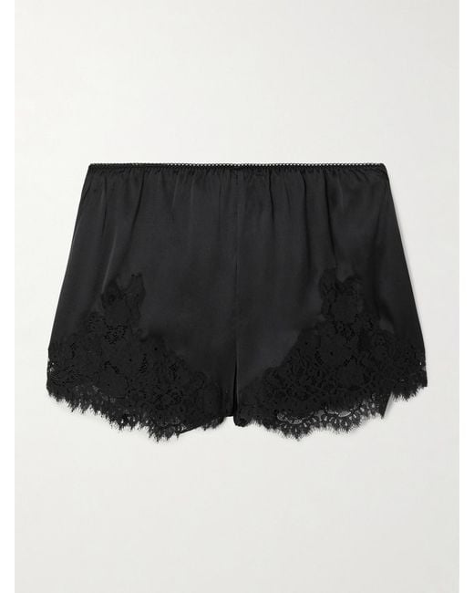 Doen Black Iona Lace-Trimmed Silk-Satin Shorts