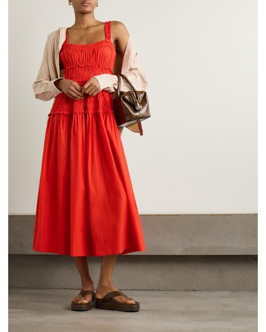 Robe Midi En Popeline De Coton À Smocks Marianne Doen en coloris Red