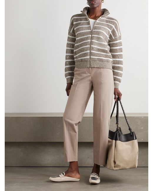 Brunello Cucinelli Gray Sequined Striped Open-Knit Linen-Blend Cardigan