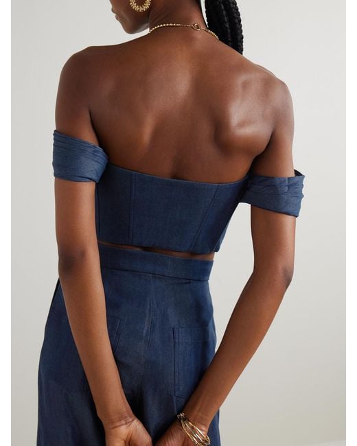ANDRES OTALORA Blue De Azahar Off-The-Shoulder Draped Tencel Lyocell Bustier Top