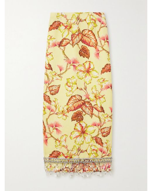 Zimmermann Metallic Matchmaker Crystal-Embellished Floral-Print Linen Midi Skirt