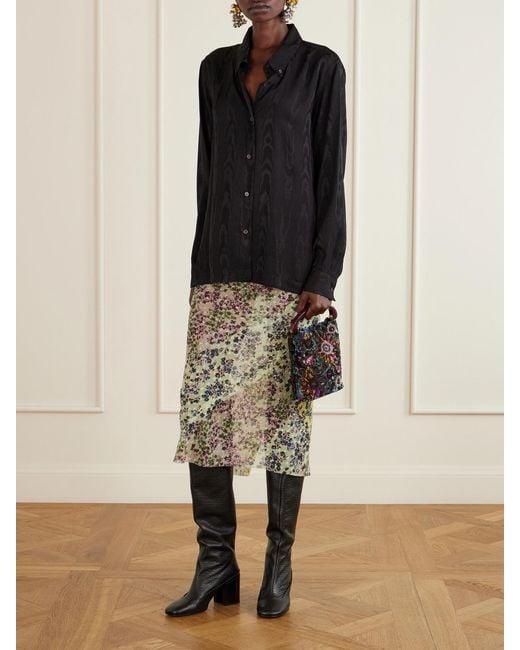 Dries Van Noten Black Bead-Embellished Printed Leather-Trimmed Velvet Tote