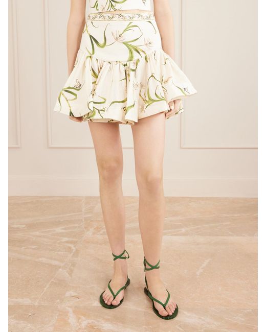 Agua Bendita Natural Jacarina Ruffled Floral-Printed Linen Mini Skirt