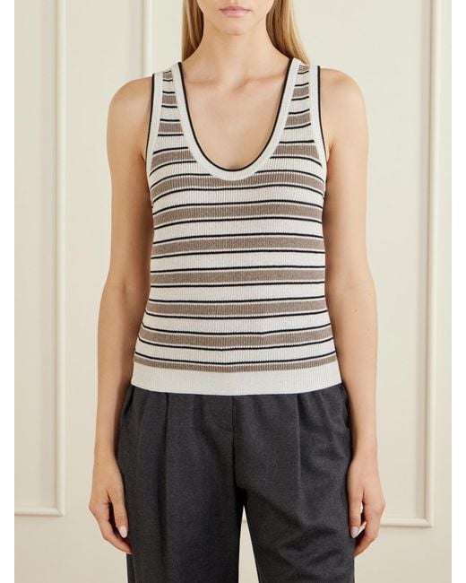 Brunello Cucinelli Gray Striped Cotton-Blend Top
