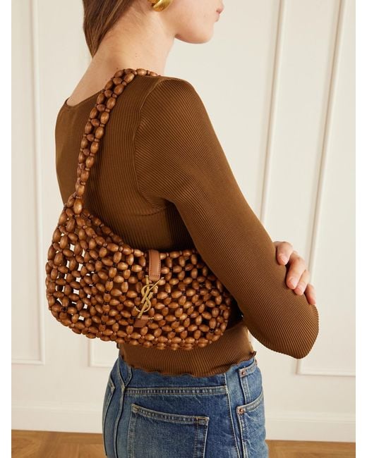 Saint Laurent Brown Le 5 À 7 Leather-Trimmed Woven Wood Shoulder Bag