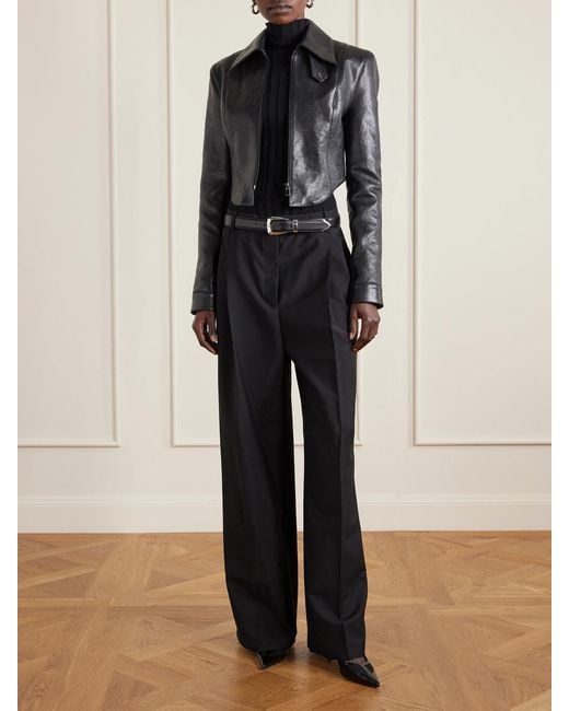Magda Butrym Black Cropped Paneled Glossed Textured-Leather Biker Jacket