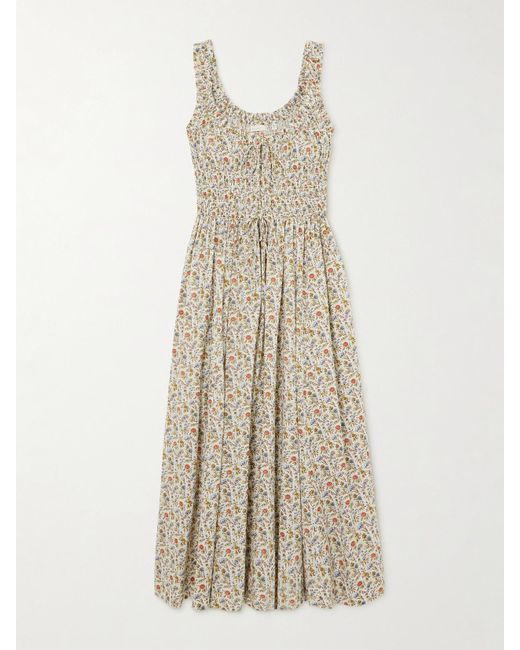 Doen Natural Emmaretta Shirred Floral-Print Cotton-Voile Midi Dress