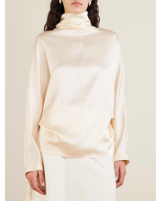 Brunello Cucinelli Natural Silk-Satin Turtleneck Blouse