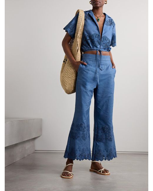 Miguelina Blue Alegra Schlaghose Aus Baumwoll-Chambray Mit Besätzen Aus Guipure-Spitze Mit Wellenkanten