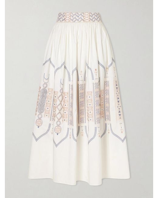 Emporio Sirenuse Natural Ombretta Embroidered Cotton-Blend Poplin Midi Skirt