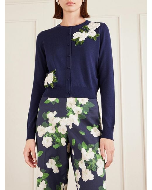Carolina Herrera Blue Floral-Embellished Silk And Cotton-Blend Cardigan
