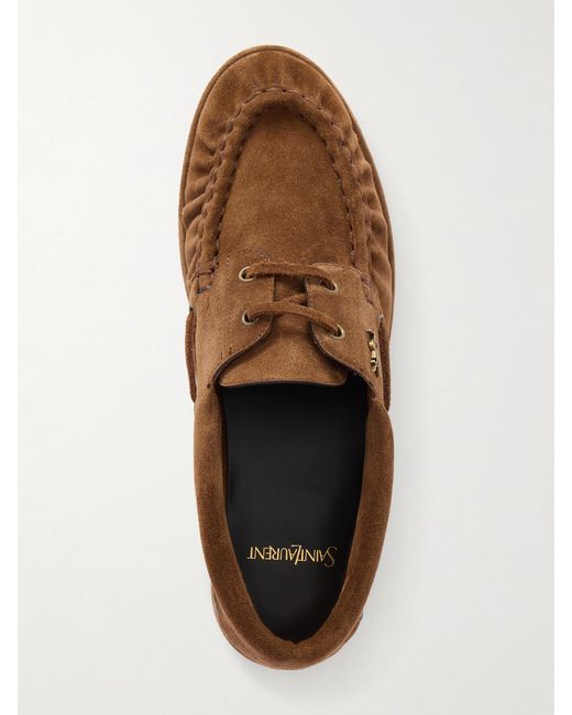 Saint Laurent Brown Le Loafer Bateau Cassandre-Embellished Suede Loafers