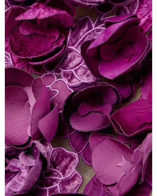 Oscar de la Renta Purple Strapless Floral-Appliquéd Mesh Mini Dress