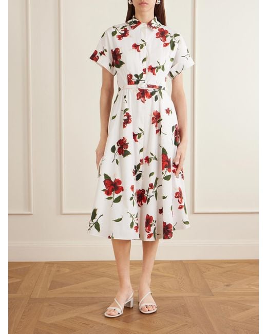 Oscar de la Renta White Floral-Print Cotton-Poplin Midi Dress