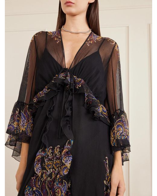 Etro Black Ruffled Paisley-Print Silk-Chiffon Gown