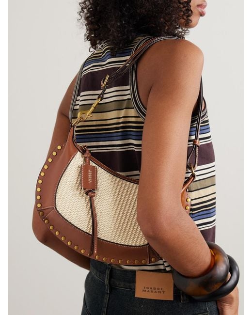 Isabel Marant Natural Oskan Moon Studded Leather-Trimmed Raffia Shoulder Bag